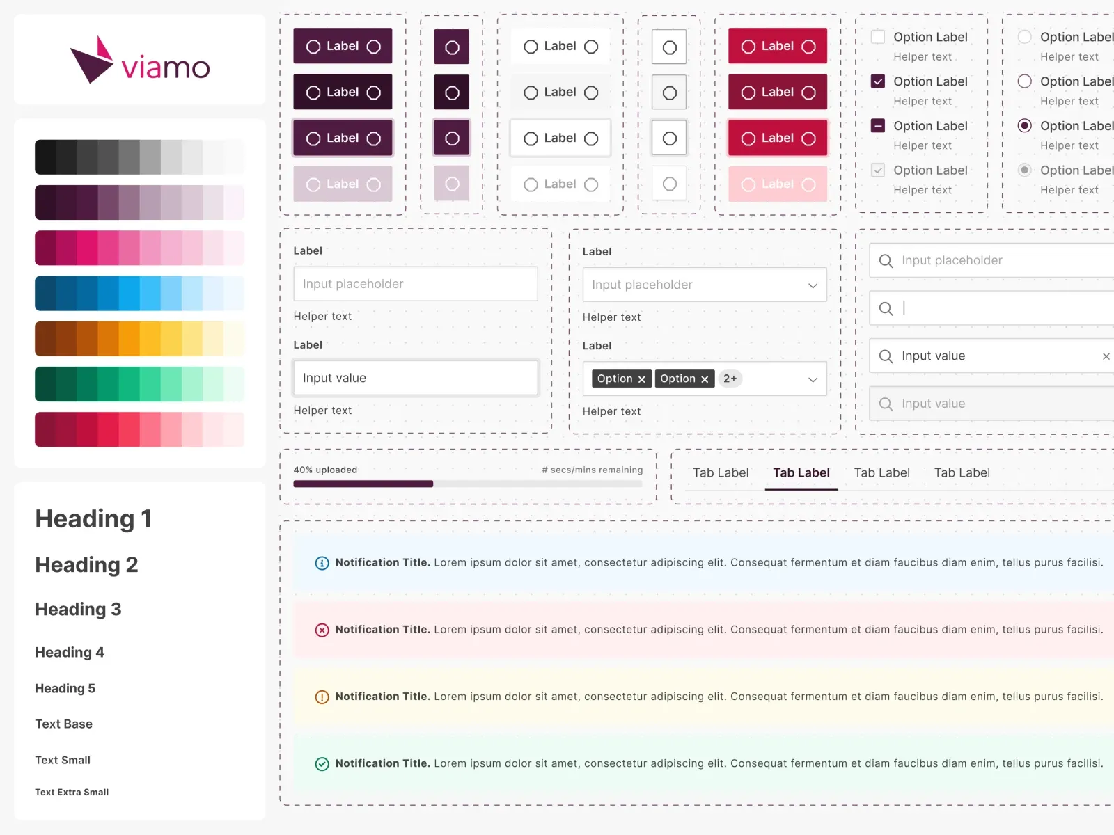 Viamo design system foundations with colors, typography, and interface components