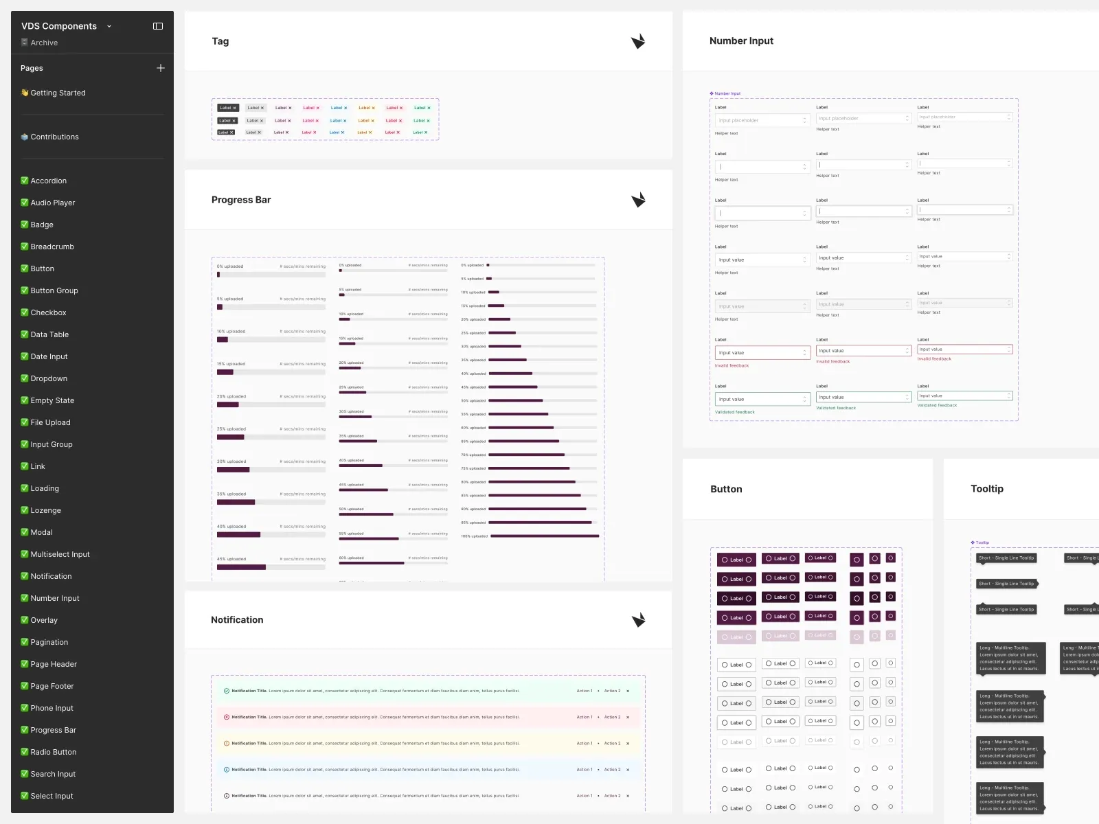 Viamo component library with buttons, tables, and interface patterns